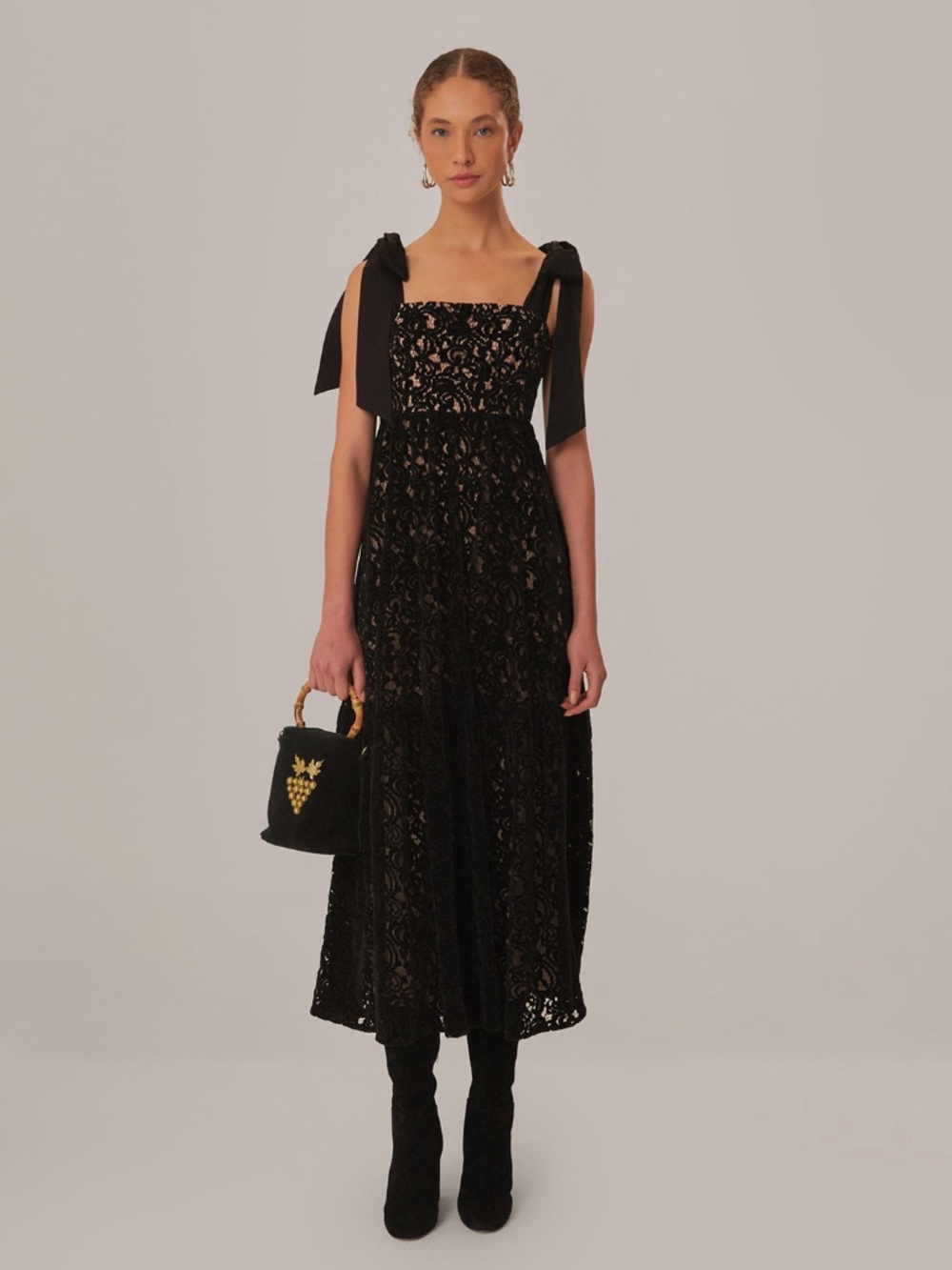 FARM RIO NWT $330 Black Velvet Satin & Guipure Lace Lined Maxi Dress XL